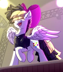 Size: 3500x4000 | Tagged: safe, artist:witchtaunter, derpibooru import, songbird serenade, pegasus, pony, my little pony: the movie, bow, clothes, commission, commissioner:reversalmushroom, ear fluff, female, hair bow, image, png, solo, spread wings, stage, wings