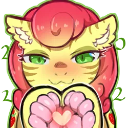 Size: 1159x1159 | Tagged: safe, artist:cold-blooded-twilight, derpibooru import, strawberry sunrise, big cat, hybrid, pegasus, pony, tiger, 2022, blushing, both cutie marks, ear fluff, heart, image, looking at you, paw pads, paws, png, simple background, slit pupils, species swap, stripes, tiger pony, transparent background, underhoof, underpaw, wide hips, year of the tiger