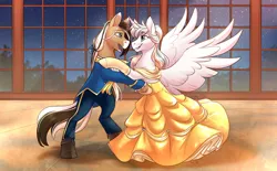 Size: 1500x928 | Tagged: safe, artist:its-gloomy, derpibooru import, oc, alicorn, pony, alicorn oc, beauty and the beast, clothes, dancing, dress, horn, image, jpeg, wings
