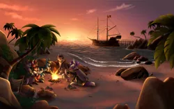 Size: 1280x806 | Tagged: safe, artist:its-gloomy, derpibooru import, oc, unofficial characters only, bat pony, kirin, beach, fire, image, jpeg, ocean, palm tree, ship, sunset, tree, water