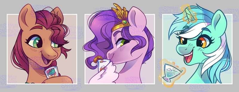 Size: 1152x444 | Tagged: safe, artist:slimstrider, derpibooru import, lyra heartstrings, pipp petals, sunny starscout, earth pony, pegasus, pony, unicorn, alcohol, bust, cocktail, drink, g5, image, jpeg, magic, portrait, telekinesis, watermark