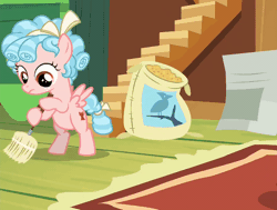 Size: 800x606 | Tagged: safe, derpibooru import, screencap, apple bloom, cozy glow, pegasus, pony, marks for effort, season 8, spoiler:s08, animated, bag, bipedal, bird seed, bow, broom, cleaning, cozybetes, cropped, curly mane, cute, dresser, female, filly, fluttershy's cottage, fluttershy's cottage (interior), foal, freckles, gif, image, nervous, ribbon, rug, small wings, solo focus, stairs, wings