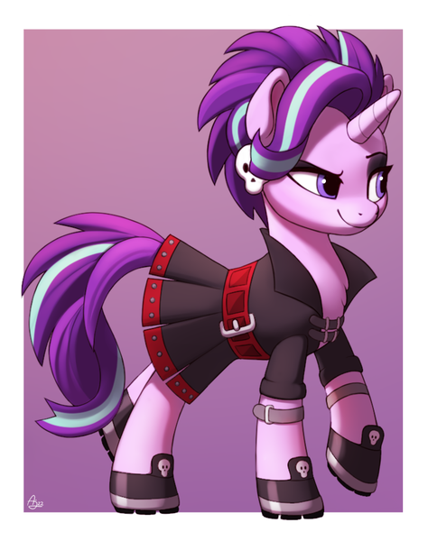 Size: 750x950 | Tagged: safe, artist:luminousdazzle, derpibooru import, starlight glimmer, pony, unicorn, alternate hairstyle, boots, clothes, edgelight glimmer, eyeshadow, g4, image, makeup, outfit, png, punk, shoes, simple background, skull, smiling, smirk