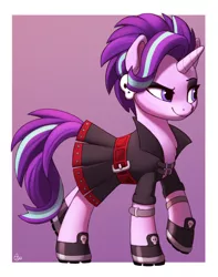 Size: 750x950 | Tagged: safe, artist:luminousdazzle, derpibooru import, starlight glimmer, pony, unicorn, alternate hairstyle, boots, clothes, edgelight glimmer, eyeshadow, g4, image, makeup, outfit, png, punk, shoes, simple background, skull, smiling, smirk