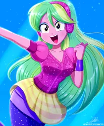 Size: 1784x2163 | Tagged: safe, artist:the-butch-x, derpibooru import, lemon zest, dance magic, equestria girls, spoiler:eqg specials, breasts, busty lemon zest, cleavage, clothes, cute, dress, eyeshadow, female, headphones, image, looking at you, makeup, open mouth, open smile, png, smiling, solo, uvula, wristband, zestabetes