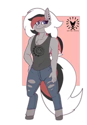 Size: 2432x3492 | Tagged: safe, artist:juan del coyote, derpibooru import, oc, oc:verano, unofficial characters only, anthro, batpoy, blink-182, clothes, image, jeans, pants, piercing, png, ripped jeans, ripped pants, standing, torn clothes