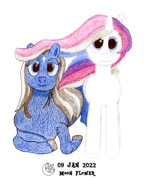 Size: 2954x3687 | Tagged: safe, artist:moon flower, derpibooru import, oc, oc:moon flower, oc:noble pinions, unofficial characters only, alicorn, pony, derpibooru community collaboration, 2022, 2022 community collab, alicorn oc, blue coat, colored pencil drawing, derpibooru exclusive, duo, ethereal mane, female, folded wings, futa, gray mane, herm, hooves, horn, image, intersex, logo, looking at you, pencil drawing, png, signature, simple background, sitting, smiling, standing, traditional art, transparent background, white coat, wings