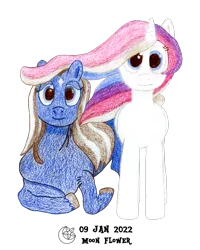 Size: 2954x3687 | Tagged: safe, artist:moon flower, derpibooru import, oc, oc:moon flower, oc:noble pinions, unofficial characters only, alicorn, pony, derpibooru community collaboration, 2022, 2022 community collab, alicorn oc, blue coat, colored pencil drawing, derpibooru exclusive, duo, ethereal mane, female, folded wings, futa, gray mane, herm, hooves, horn, image, intersex, logo, looking at you, pencil drawing, png, signature, simple background, sitting, smiling, standing, traditional art, transparent background, white coat, wings