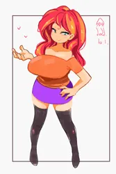 Size: 800x1200 | Tagged: safe, artist:sozglitch, derpibooru import, sunset shimmer, human, big breasts, blushing, boots, breasts, busty sunset shimmer, clothes, female, hand on hip, heart, huge breasts, image, jpeg, looking at you, shoes, simple background, skirt, smiling, smiling at you, solo, thigh boots, white background