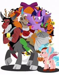 Size: 766x965 | Tagged: safe, artist:efuji_d, derpibooru import, cozy glow, discord, lord tirek, twilight sparkle, twilight sparkle (alicorn), alicorn, pegasus, pony, animal costume, antlers, christmas, clothes, costume, crossed arms, female, filly, foal, frown, halloween, halloween costume, holiday, image, jpeg, male, mare, mouth hold, pumpkin bucket, reindeer antlers, reindeer costume, sack, santa costume, simple background, white background