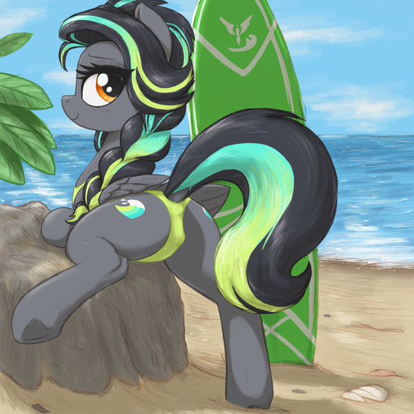 Size: 3000x3000 | Tagged: suggestive, artist:t72b, derpibooru import, oc, oc:cool time, pegasus, pony, beach, braid, butt, clothes, cloud, female, image, leaning, looking back, mare, ocean, plot, png, raised leg, raised tail, rock, shell, solo, surfboard, swimsuit, tail, tail hole, water