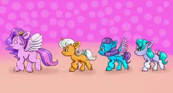 Size: 12500x6750 | Tagged: safe, artist:nedemai, derpibooru import, pipp petals, earth pony, pegasus, pony, unicorn, my little pony: make your mark, my little pony: make your mark chapter 2, spoiler:g5, spoiler:my little pony: make your mark, spoiler:my little pony: make your mark chapter 2, abstract background, absurd resolution, bow, eyes closed, female, filly, foal, g5, glory (g5), gradient background, group, headband, hoof done it?, image, jewelry, jpeg, mare, peach fizz, pippsqueaks, quartet, regalia, scene interpretation, seashell (g5), smiling, spread wings, tail, tail bow, unshorn fetlocks, walking, where'd it go, wings