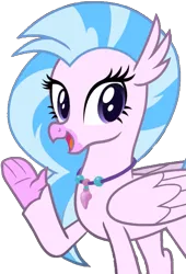 Size: 511x751 | Tagged: safe, derpibooru import, silverstream, classical hippogriff, hippogriff, pony, female, happy, image, looking left, mare, one leg raised, open mouth, pink skin, png, simple background, solo, transparent background