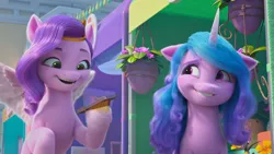 Size: 1366x768 | Tagged: safe, derpibooru import, screencap, izzy moonbow, pipp petals, pegasus, pony, unicorn, 3d, duo, female, flower, flying, g5, image, mare, mobile phone, open mouth, phone, pink skin, png, purple skin, smiling