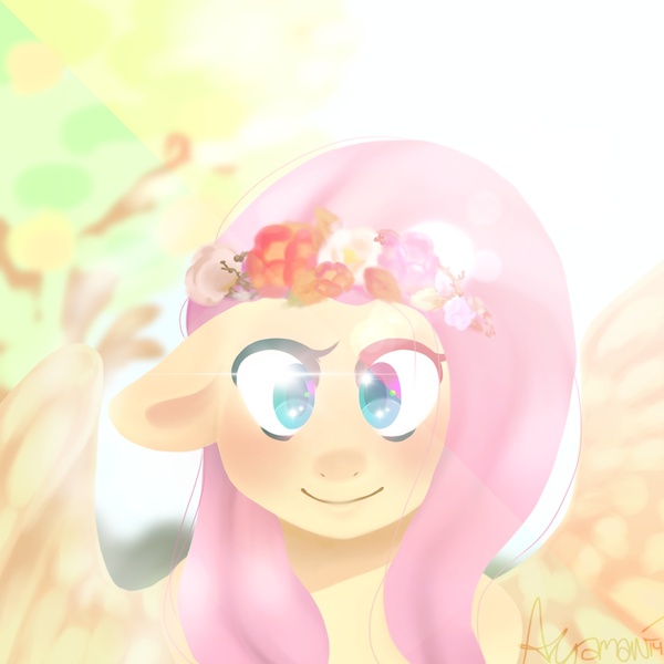 Size: 2000x2000 | Tagged: safe, artist:misocosmis, derpibooru import, fluttershy, pegasus, pony, bust, female, floppy ears, floral head wreath, flower, high res, image, jpeg, lens flare, looking at you, mare, smiling, solo, spread wings, vylet pony, wings