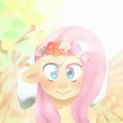 Size: 2000x2000 | Tagged: safe, artist:misocosmis, derpibooru import, fluttershy, pegasus, pony, bust, female, floppy ears, floral head wreath, flower, high res, image, jpeg, lens flare, looking at you, mare, smiling, solo, spread wings, vylet pony, wings