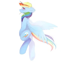 Size: 1800x1800 | Tagged: safe, artist:misocosmis, derpibooru import, rainbow dash, pegasus, pony, backwards cutie mark, baseball cap, bipedal, candy, cap, female, food, hat, image, lollipop, looking back, mare, png, simple background, solo, white background, wings