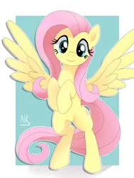 Size: 1068x1414 | Tagged: safe, artist:nekokevin, derpibooru import, fluttershy, pegasus, pony, female, image, jpeg, looking at you, mare, rearing, signature, simple background, smiling, smiling at you, solo, spread wings, wings