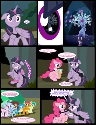 Size: 1042x1358 | Tagged: safe, artist:dendoctor, derpibooru import, gallus, mean twilight sparkle, ocellus, pinkie pie, sandbar, silverstream, smolder, tree of harmony, twilight sparkle, twilight sparkle (alicorn), yona, alicorn, changedling, changeling, classical hippogriff, dragon, earth pony, gryphon, hippogriff, pony, yak, comic:clone.., alternate universe, bag, clone, comic, everfree forest, female, g4, glow, glowing horn, horn, image, jpeg, magic, map, mare, pinkie clone, saddle bag, student six, teleportation, tent
