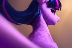 Size: 768x512 | Tagged: safe, machine learning generated, stable diffusion, twibooru exclusive, twilight sparkle, detailed fur, detailed hair, gradient background, image, lidded eyes, looking at you, looking back, looking back at you, open mouth, png, wind in hair