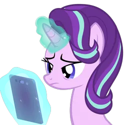 Size: 3500x3500 | Tagged: safe, artist:duskyzombie, derpibooru import, starlight glimmer, pony, unicorn, female, glow, glowing horn, horn, image, magic, mare, phone, png, reaction image, sad, simple background, solo, telekinesis, transparent background, vector