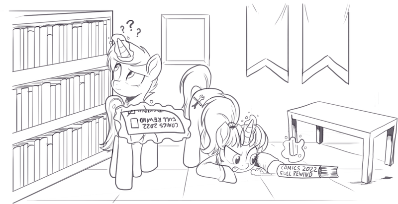 Size: 1471x755 | Tagged: safe, artist:nauyaco, derpibooru import, oc, unofficial characters only, pony, unicorn, :p, ass up, banner, book, bookshelf, checklist, clothes, duo, female, image, magic, mare, monochrome, picture frame, png, ponytail, question mark, searching, shirt, table, telekinesis, tongue out