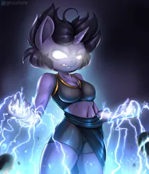 Size: 960x1124 | Tagged: safe, artist:felixf, derpibooru import, oc, unofficial characters only, anthro, unicorn, anthro oc, commission, female, glow, glowing eyes, horn, image, magic, midriff, png, solo, solo female, unicorn oc, ych result