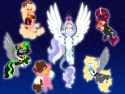 Size: 8000x6000 | Tagged: safe, derpibooru import, oc, oc:elise, oc:glimmer, oc:james scott, oc:olivia sterling, oc:stellar spark, oc:sweet tea, alicorn, earth pony, pegasus, pony, unicorn, element of generosity, element of honesty, element of kindness, element of laughter, element of loyalty, element of magic, elements of harmony, floating, image, magic, magic aura, png