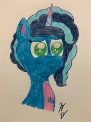 Size: 3024x4032 | Tagged: safe, artist:jesslmc16, derpibooru import, unicorn, g5, my little pony: make your mark, bust, chest fluff, colored, colored pencil drawing, colored pencils, female, image, jpeg, misty brightdawn, portrait, sad, traditional art