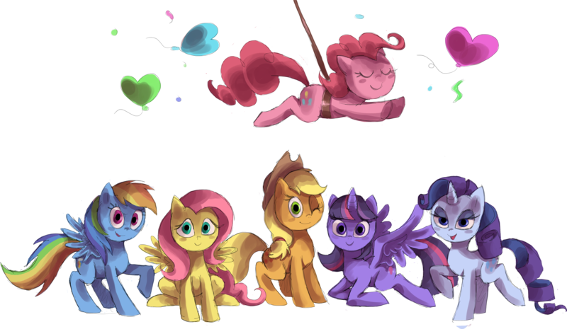 Size: 2000x1162 | Tagged: safe, artist:shira-hedgie, derpibooru import, applejack, fluttershy, pinkie pie, rainbow dash, rarity, twilight sparkle, earth pony, pegasus, pony, unicorn, balloon, female, image, looking at you, mane six, mare, png, simple background, transparent background