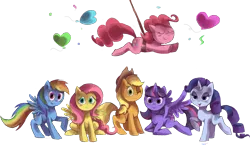 Size: 2000x1162 | Tagged: safe, artist:shira-hedgie, derpibooru import, applejack, fluttershy, pinkie pie, rainbow dash, rarity, twilight sparkle, earth pony, pegasus, pony, unicorn, balloon, female, image, looking at you, mane six, mare, png, simple background, transparent background