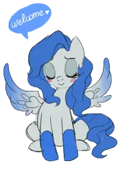 Size: 3000x4000 | Tagged: safe, artist:shira-hedgie, derpibooru import, oc, unofficial characters only, pegasus, pony, blush sticker, blushing, coat markings, eyes closed, female, high res, image, mare, pegasus oc, png, simple background, sitting, socks (coat marking), solo, speech bubble, spread wings, transparent background, welcome, wings