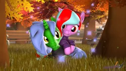 Size: 3840x2160 | Tagged: safe, artist:melodiousmarci, derpibooru import, oc, oc:omega(phosphorshy), oc:star beats, pegasus, unicorn, 3d, autumn, basket, bench, grass, happy, image, looking at each other, looking at someone, lying down, melodiousphosphor, oc x oc, png, scenebuild, shipping, source filmmaker, sparkles, sunset, table, tree
