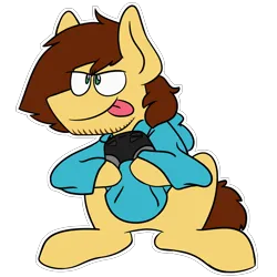 Size: 1500x1500 | Tagged: safe, artist:grandfinaleart, derpibooru import, oc, unofficial characters only, earth pony, pony, brown hair, brown mane, brown tail, clothes, controller, digital art, earth pony oc, facial hair, green eyes, hoodie, image, male, png, simple background, sitting, smiling, solo, stallion, stallion oc, tail, tan fur, transparent background, unshorn fetlocks, video game, wings
