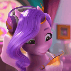 Size: 600x600 | Tagged: safe, derpibooru import, screencap, pipp petals, pegasus, pony, my little pony: make your mark, my little pony: make your mark chapter 2, spoiler:my little pony: make your mark chapter 2, animated, cropped, female, g5, gif, headphones, i watch it for the ears, image, izzy does it, mare, mobile phone, phone, smartphone