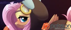 Size: 1632x684 | Tagged: suggestive, artist:dinoalpaka, derpibooru import, fluttershy, pegasus, pony, advertisement, blushing, clothes, costume, dangerous mission outfit, female, glasses, goggles, hoodie, image, mare, patreon, patreon logo, patreon preview, png, solo