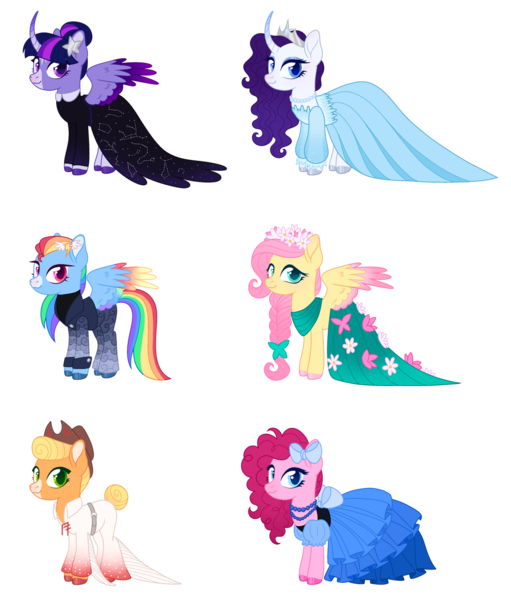 Size: 1280x1503 | Tagged: safe, artist:s0ftserve, derpibooru import, applejack, fluttershy, pinkie pie, rainbow dash, rarity, twilight sparkle, twilight sparkle (alicorn), alicorn, pony, alternate clothes, alternate design, clothes, colored wings, curved horn, dress, flower, flower in hair, gala dress, horn, image, mane six, png, simple background, transparent background, two toned wings, wings