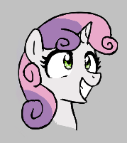 Size: 179x201 | Tagged: safe, artist:kabayo, derpibooru import, sweetie belle, pony, unicorn, aggie.io, bust, female, filly, foal, gray background, grin, image, lowres, mare, png, simple background, smiling, solo