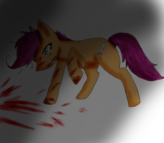Size: 576x504 | Tagged: grimdark, artist:violent-wolf, derpibooru import, scootaloo, earth pony, pony, fanfic:rainbow factory, 2011, absentia, blood, blood on face, blood on hoof, blood splatter, evil scootaloo, fanfic art, feather, female, filly, foal, frown, image, implied murder, messy mane, png, raised hoof, solo, wingless