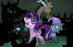 Size: 1080x693 | Tagged: safe, derpibooru import, discord, queen chrysalis, starlight glimmer, thorax, trixie, changeling, draconequus, unicorn, to where and back again, female, image, jpeg, male, reformed four, silhouette