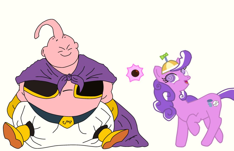 Size: 1112x721 | Tagged: safe, artist:screwbally, derpibooru import, screwball, earth pony, pony, anime, boots, candy, cape, clothes, crossover, dragon ball, duo, duo male and female, fat, fat boo, fat buu, female, food, hat, image, majin boo, majin buu, male, pants, png, propeller hat, raised hoof, shoes, sitting, smiling, vest