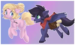 Size: 3500x2111 | Tagged: safe, artist:xvostik, derpibooru import, oc, oc:fenris ebonyglow, oc:kara waypoint, unofficial characters only, earth pony, pegasus, pony, bag, clothes, eye clipping through hair, fangs, image, jewelry, necklace, png, running, scarf, simple background, spread wings, wings
