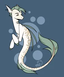 Size: 1000x1200 | Tagged: safe, artist:princessraevinflash, derpibooru import, oc, unofficial characters only, merpony, seapony (g4), blue background, bubble, digital art, dorsal fin, fins, fish tail, flowing tail, gills, green eyes, green mane, image, male, ocean, png, signature, simple background, solo, swimming, tail, underwater, water