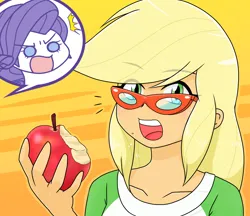 Size: 1480x1280 | Tagged: safe, artist:batipin, derpibooru import, applejack, rarity, human, equestria girls, accessory theft, apple, bite mark, emanata, eye clipping through hair, eyebrows, eyebrows visible through hair, food, glasses, image, open mouth, png, rarity's glasses