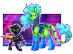 Size: 2700x2000 | Tagged: safe, artist:chvrchgrim, derpibooru import, oc, oc:carp3t, oc:krypt, cyborg, pegasus, pony, robot, robot pony, unicorn, augmented, cyber, cybernetic pony, cyberpunk, genderless, image, male, neon, png, size comparison, stallion