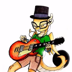 Size: 468x468 | Tagged: safe, artist:liaaqila, derpibooru import, oc, oc:myoozik the dragon, unofficial characters only, dragon, bracelet, brown eyes, clothes, commission, dragon oc, earbuds, fangs, folded wings, glasses, green shirt, guitar, guitar pick, hat, image, jewelry, jpeg, male, male dragon, musical instrument, necklace, non-pony oc, pants, playing instrument, shorts, simple background, smiling, solo, tail, top hat, traditional art, white background, wings