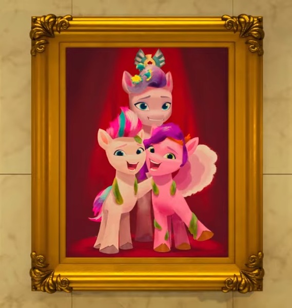 Size: 600x633 | Tagged: safe, derpibooru import, screencap, pipp petals, queen haven, zipp storm, pegasus, pony, my little pony: make your mark, my little pony: make your mark chapter 2, spoiler:my little pony: make your mark chapter 2, cropped, crown, flower, g5, image, jewelry, jpeg, picture frame, portrait of a princess, regalia, seaweed, trio