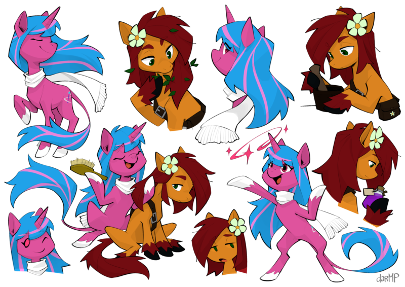 Size: 4676x3308 | Tagged: safe, artist:dar, derpibooru import, oc, oc:apple bloom, oc:echo shade, unofficial characters only, earth pony, pony, unicorn, fanfic:song of seven, bag, blue mane, bottle, brush, clothes, colored fetlocks, cutie mark, earth pony oc, eyes closed, female, flower, flower in hair, flowing mane, hairbrush, hooves, horn, image, leaf, leaves, leaves in hair, leonine tail, long tail, magic, mare, mortar and pestle, png, potion, raised hoof, satchel, scarf, simple background, striped mane, tail, transparent background, unicorn oc, unshorn fetlocks, white hooves