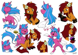 Size: 4676x3308 | Tagged: safe, artist:dar, derpibooru import, oc, oc:apple bloom, oc:echo shade, unofficial characters only, earth pony, pony, unicorn, fanfic:song of seven, bag, blue mane, bottle, brush, clothes, colored fetlocks, cutie mark, earth pony oc, eyes closed, female, flower, flower in hair, flowing mane, hairbrush, hooves, horn, image, leaf, leaves, leaves in hair, leonine tail, long tail, magic, mare, mortar and pestle, png, potion, raised hoof, satchel, scarf, simple background, striped mane, tail, transparent background, unicorn oc, unshorn fetlocks, white hooves
