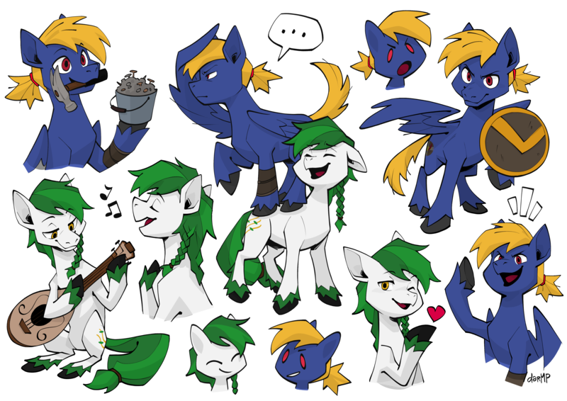 Size: 4676x3308 | Tagged: safe, artist:dar, derpibooru import, oc, oc:meadow skip, oc:slashbuckler, unofficial characters only, earth pony, pegasus, fanfic:song of seven, ..., braid, braided tail, bucket, clothes, colored fetlocks, cutie mark, earth pony oc, eyes closed, guitar, hammer, heart, hooves, image, laughing, long tail, lute, music, music notes, musical instrument, nails, pegasus oc, playing instrument, png, raised hoof, shield, short tail, simple background, singing, smiling, solo, tail, transparent background, unshorn fetlocks, wings, yelling